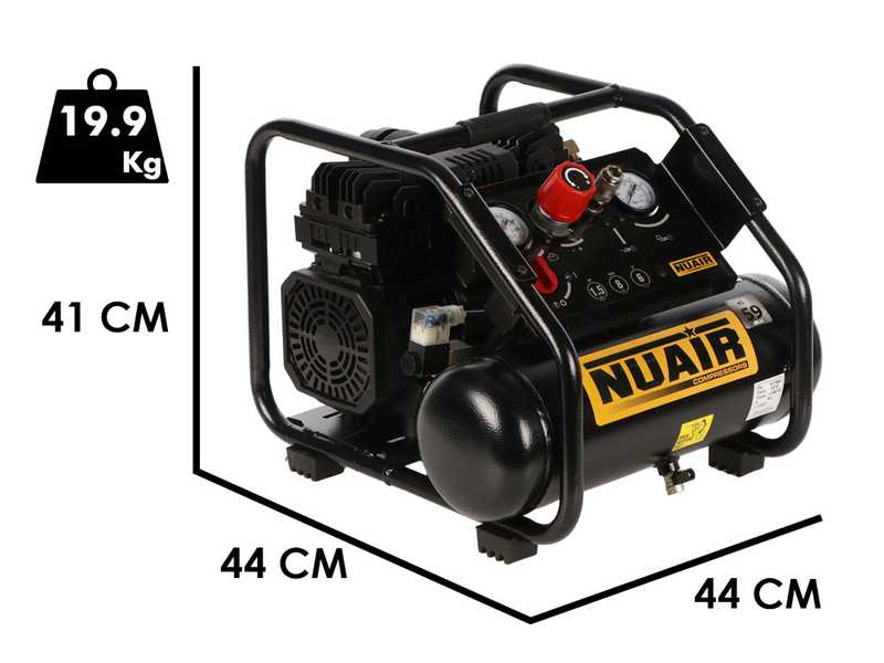 Nuair Siltek TB 6 - Compresor de aire el&eacute;ctrico port&aacute;til monof&aacute;sico silencioso, sin aceite - Motor 1.5 HP - 6 L