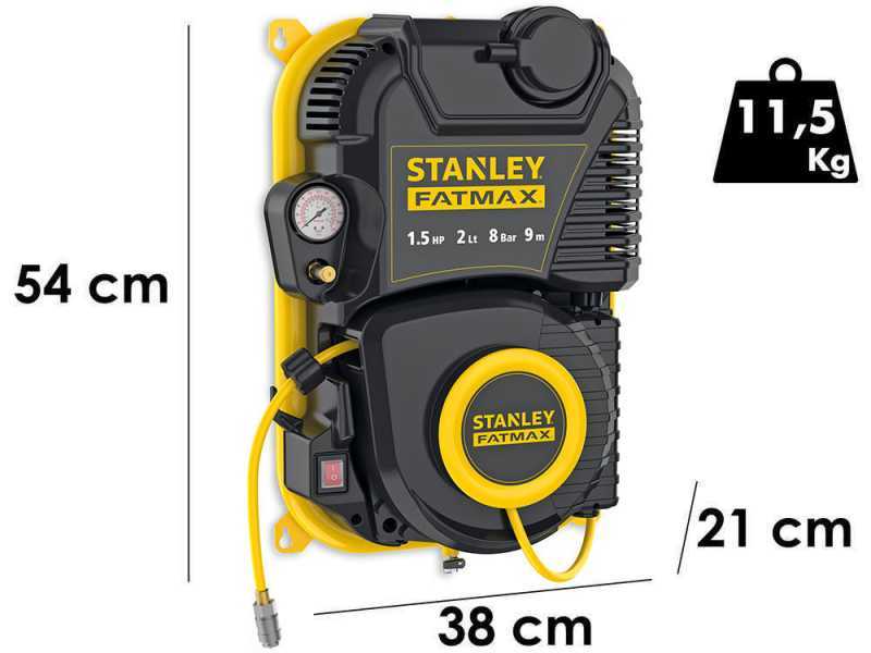 Stanley Wall Tech Pro - Compresor de aire el&eacute;ctrico monof&aacute;sico de pared, sin aceite - Motor 1.5 HP - 2 L