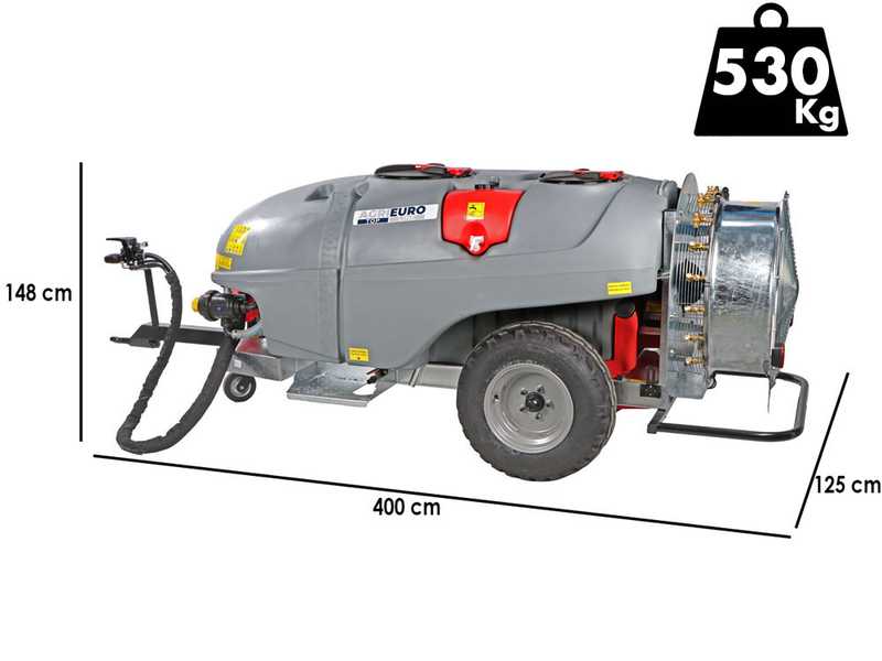 Atomizador de arrastre Gray T Car 1500/80 con enganche para tractor para tratamientos fitosanitarios - Capacidad 1500L - Bomba AR1064