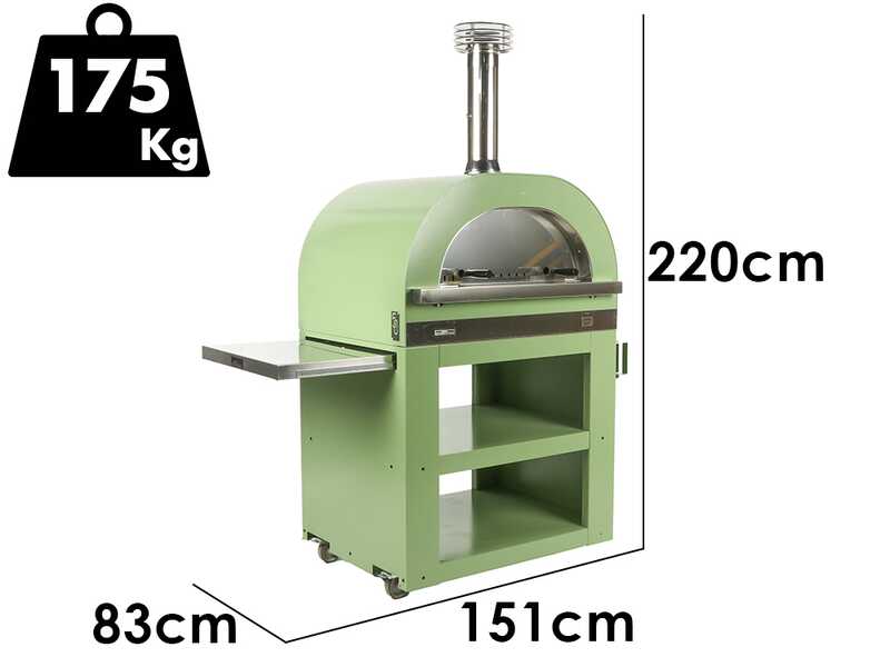 Clementi Gold - Horno de le&ntilde;a para pizza para exteriores con carro - C&aacute;mara de cocci&oacute;n 80 x 60 - 4 pizzas - Verde
