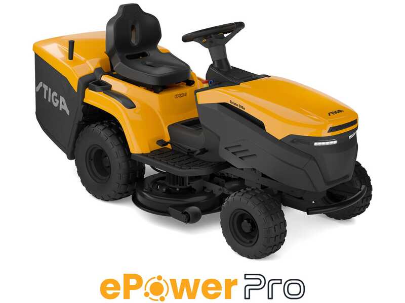 Stiga Estate 384e - Kit Tractor cortac&eacute;sped con 1 m&oacute;dulo bater&iacute;a ePower Pro 56 V/40 Ah - Recogedor y mulching
