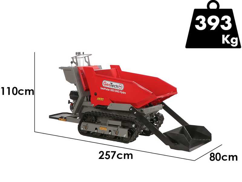 GeoTech Pro GeoPorter 650 DHS Hydro - Carretilla de orugas con caj&oacute;n dumper de 650 kg y pala - Cambio hidrost&aacute;tico