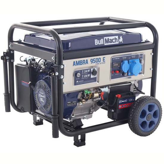BullMach AMBRA 9500 E - Generador de corriente a gasolina con ruedas y AVR 7.5 kW - Continua 7 kW Monof&aacute;sica