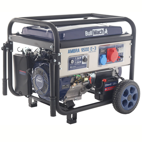 BullMach AMBRA 9500 E-3 - Generador de corriente a gasolina con ruedas y AVR 7.5 kW - Continua 7 kW Trif&aacute;sica