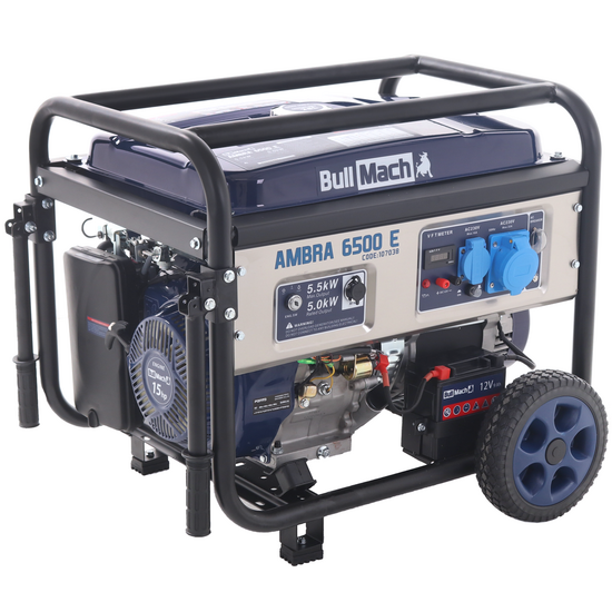 BullMach AMBRA 6500 E - Generador de corriente a gasolina con ruedas y AVR 5.5 kW - Continua 5 kW Monof&aacute;sica