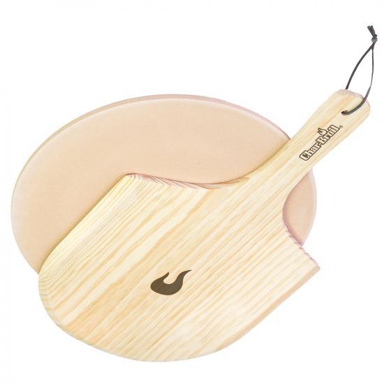 Kit con piedra redonda y pala para pizza de madera
