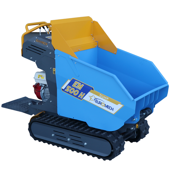 Carretilla de orugas con motor EuroMech EM500H-Dump - Caja dumper hidr&aacute;ulica de 500 kg