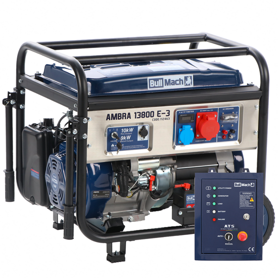BullMach AMBRA 13800 E-3 - Generador el&eacute;ctrico de gasolina con ruedas y AVR 10 kW - Continua 9 kW Trif&aacute;sico + ATS