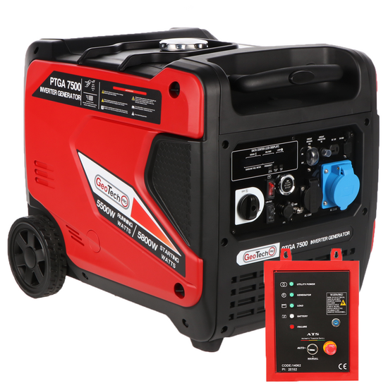 GeoTech-Pro PTGA 7500 - Generador el&eacute;ctrico de inverter silencioso con ruedas 5,8 kW - Continua 5,5 kW Monof&aacute;sico + ATS