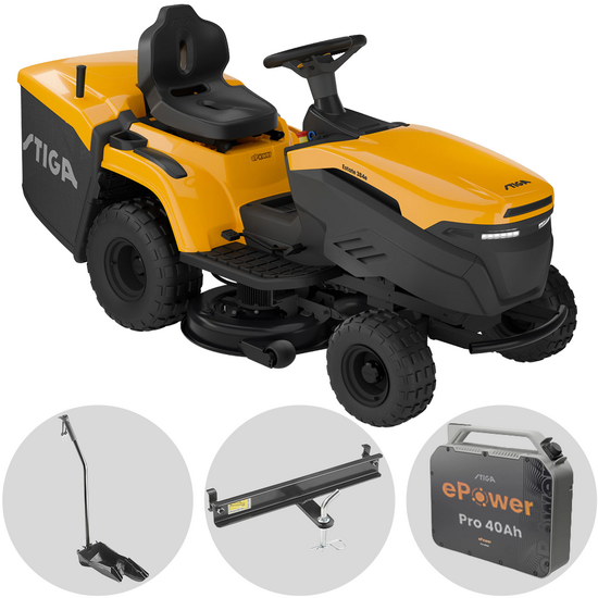 Stiga Estate 384e - Kit Tractor cortac&eacute;sped con 1 m&oacute;dulo bater&iacute;a ePower Pro 56 V/40 Ah - Recogedor y mulching