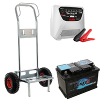 Juego completo: carretilla de mano portabaterías GeoTech + batería 100 Ah + cargador Telwin Touring 18